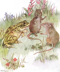„A csinos Egérkisasszonnyal beszélgetett”, illusztráció a „The Mischievous Mousie Book” című könyvből, kiadta Thomas Nelson and Sons, 1920-as évek